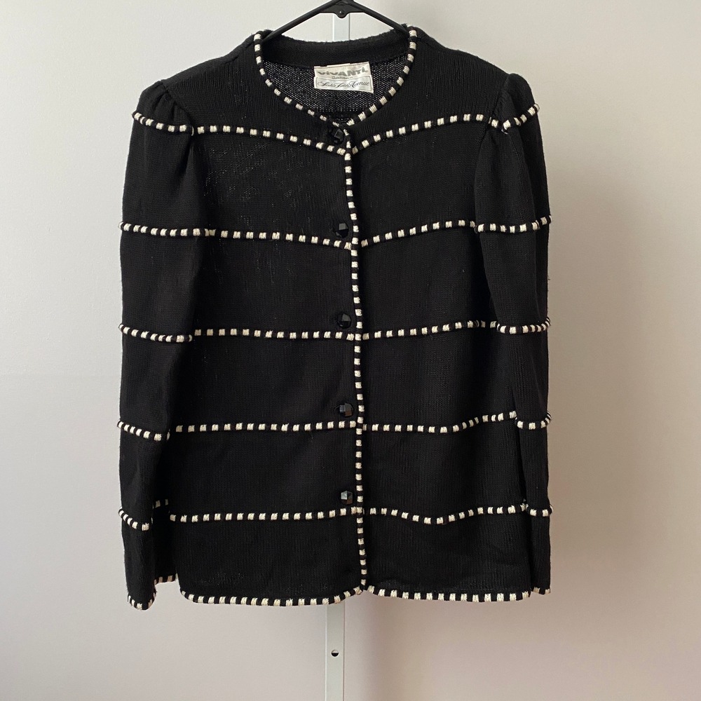 Vivanti Petites 12 Black White Cardigan Sweater Saks Fifth Avenue Vintage Knit